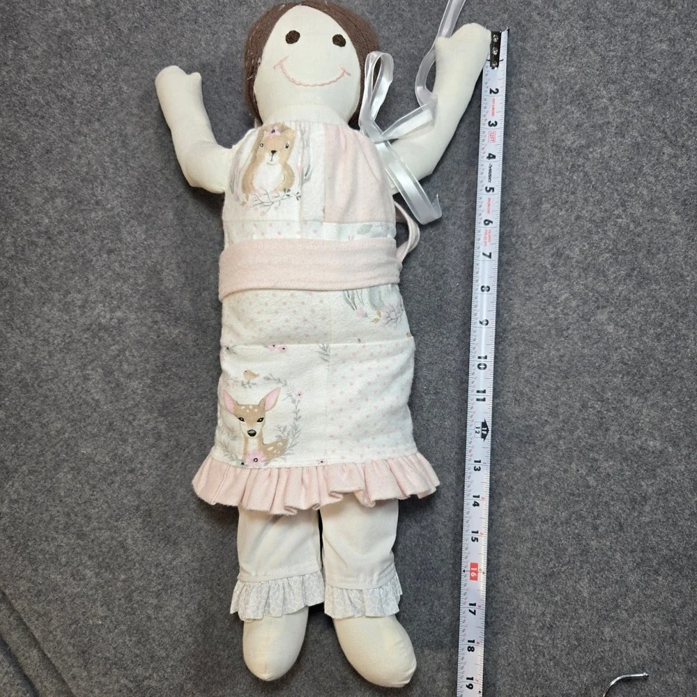 Handmade Cloth Rag Doll Brown Yarn Braid‎ Pink Woodland Deer Outfit 18 In Unique